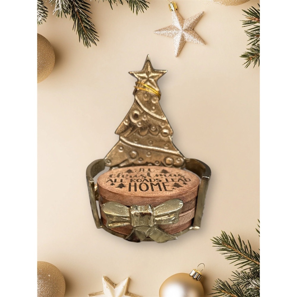 Hand Made Set of 4 Wood Drink Coasters Christmas Movie Quote Brass Tree Holder‎